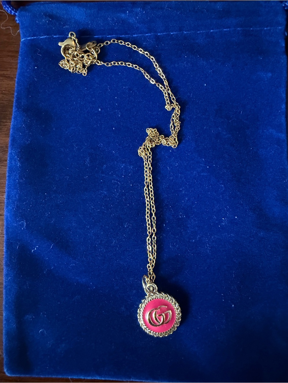 Gold-Tone Necklace with Pink Round Pendant and Interlocking Accent- 16-18 inches